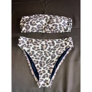 MICHAEL KORS Leopard 2 Piece Bikini Set High Waist Bottom Padded Bandeau Top S M